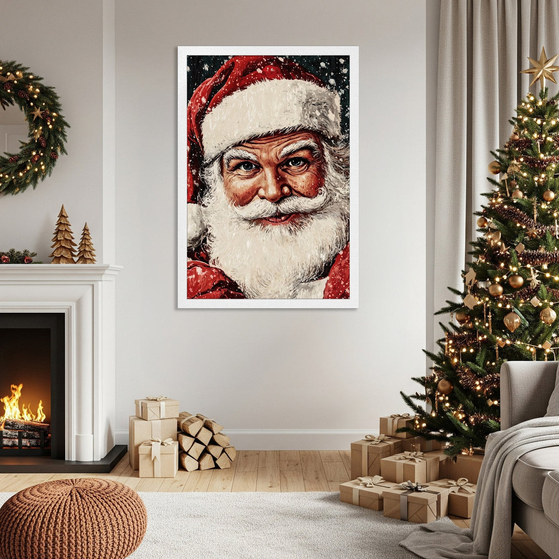 Framed Poster featuring Santa Claus portrait in a warm, painterly style. Festive red and white color palette perfect for Christmas decor.