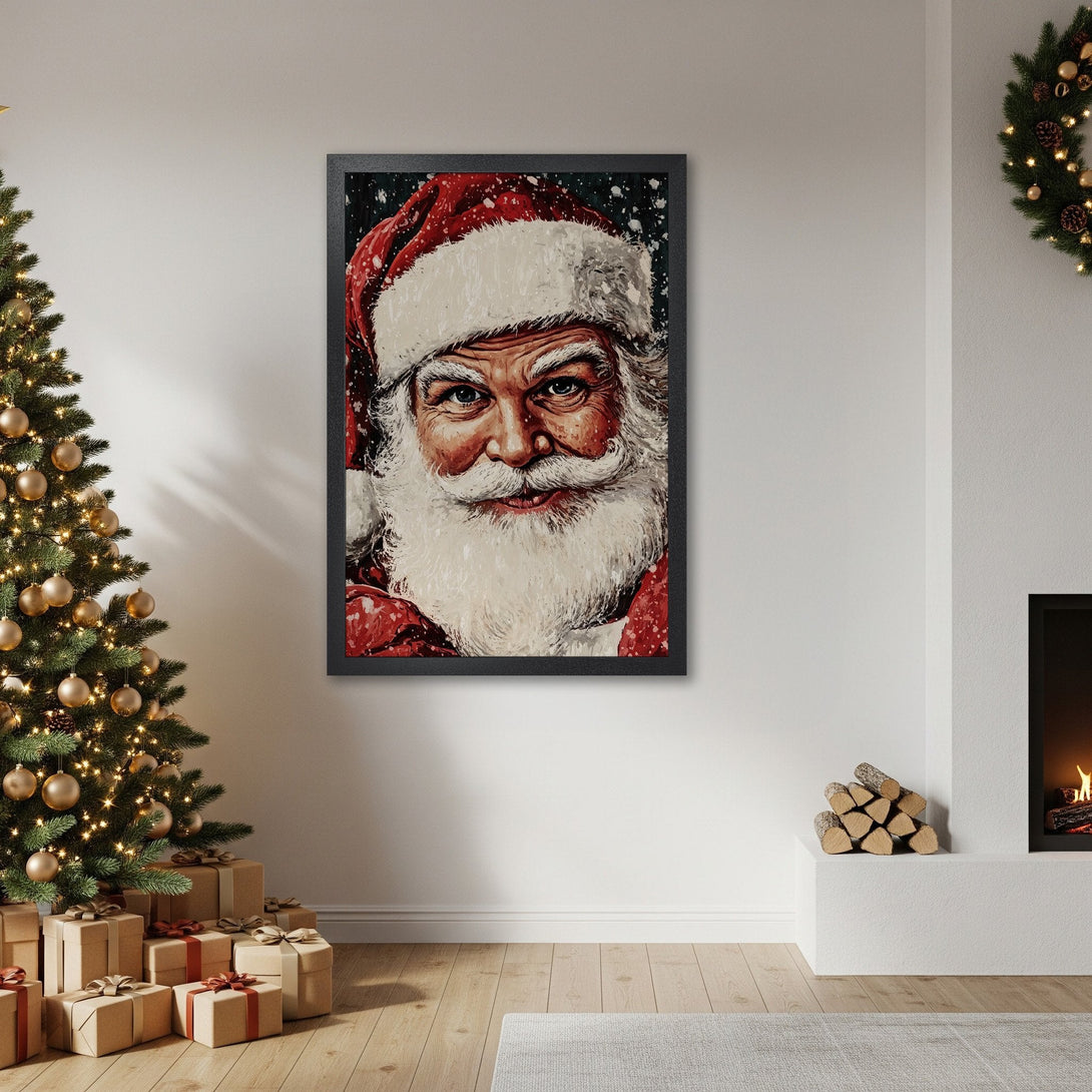 Framed Poster featuring a jolly Santa Claus portrait in red and white, perfect for Christmas decor.