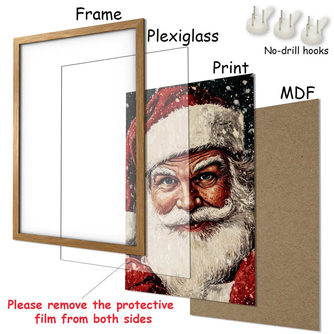 Framed Poster featuring Santa Claus art print. Festive style with red, white, and brown color palette. Perfect Christmas decor!