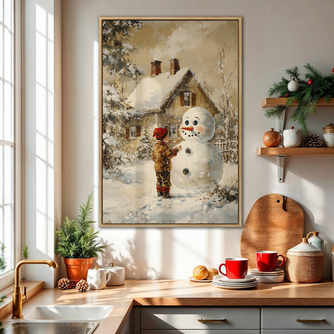 Framed Wall Art of a child building a snowman in a winter scene. Warm, vintage-style painting with a neutral color palette, perfect for holiday decor.