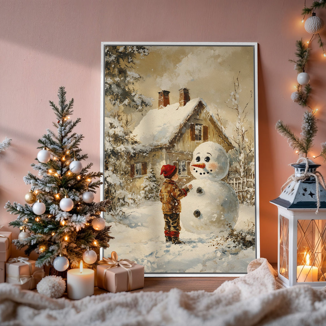 Framed Wall Art: Winter scene with a child building a snowman. Warm, vintage style with a neutral color palette, perfect for holiday decor.
