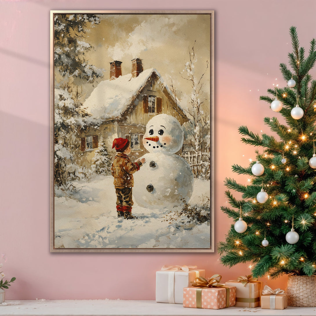 Framed Wall Art: Winter scene with a child building a snowman, warm neutral tones. Perfect Christmas decor, adding cozy charm to any space.