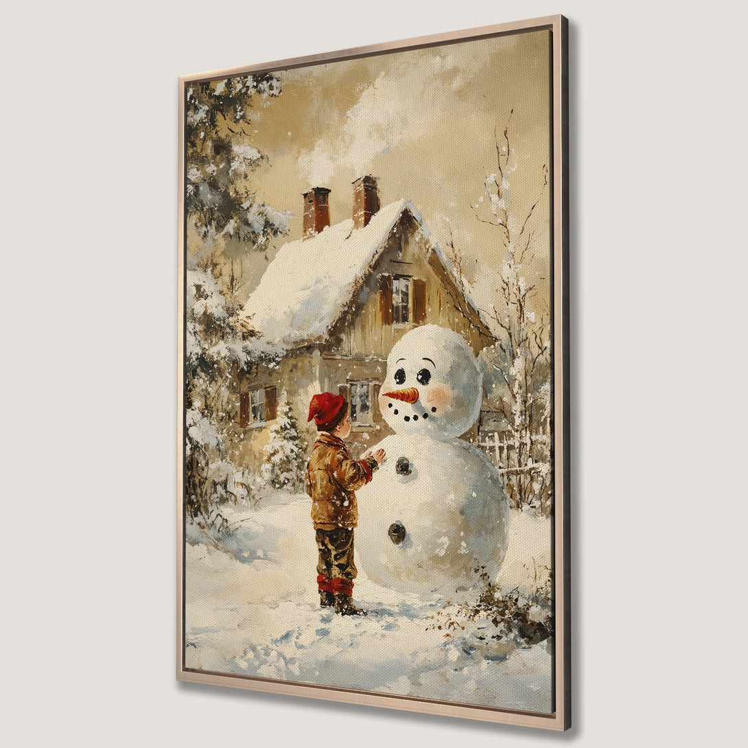 Framed Wall Art: Charming winter scene with a child building a snowman. Warm, vintage style with a neutral color palette. Perfect for cozy home decor.