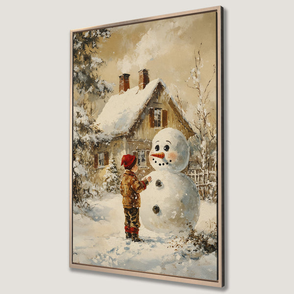 Framed Wall Art: Charming winter scene with a child building a snowman. Warm, vintage style with a neutral color palette. Perfect for cozy home decor.