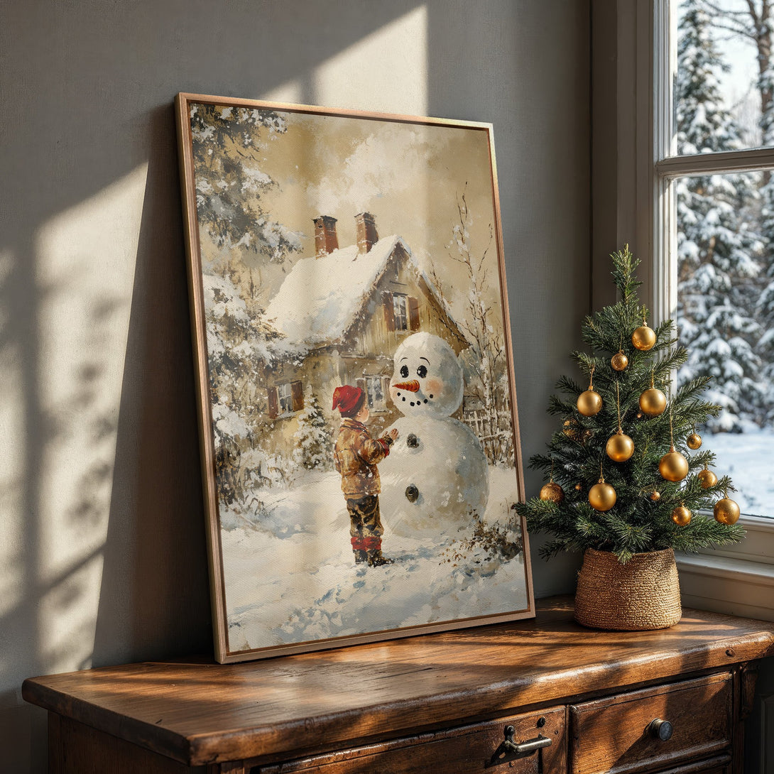 Framed Wall Art: Charming winter scene canvas print with a child building a snowman. Warm, neutral color palette. Perfect for cozy home decor.