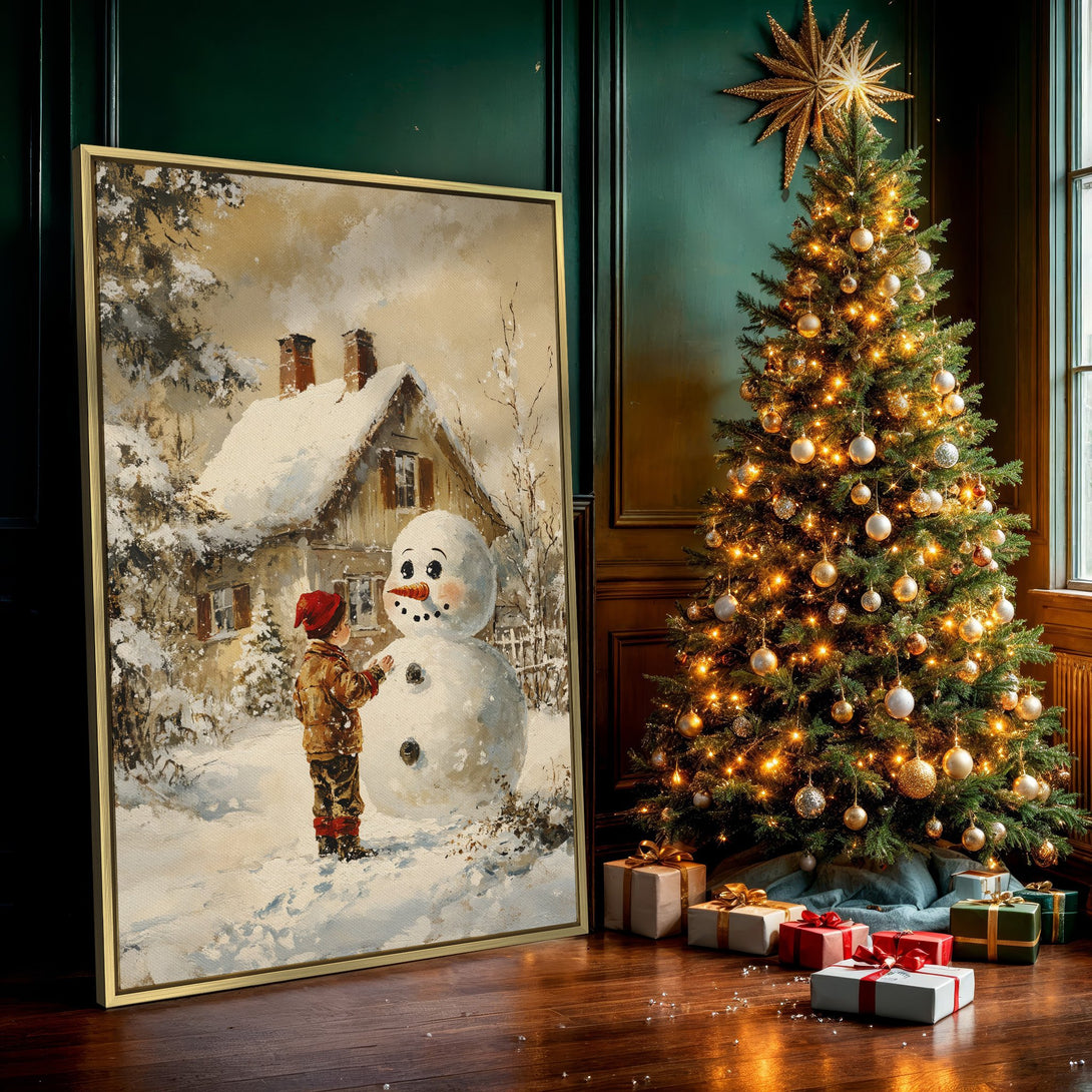 Canvas Print of a winter scene with a child and snowman, warm color palette, perfect for holiday decor.
