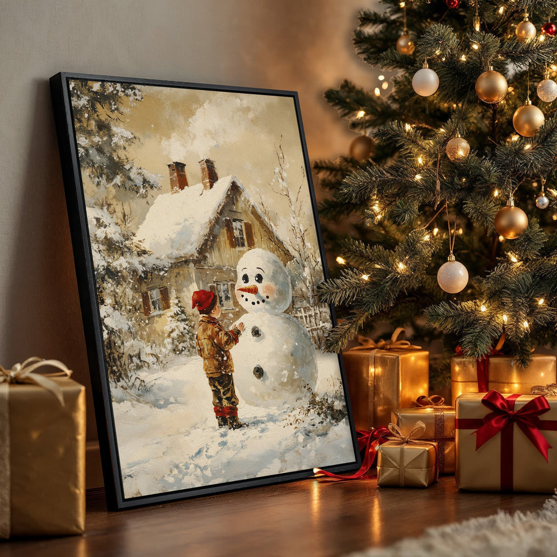 Framed Wall Art: Charming winter scene canvas print featuring a child and snowman. Warm, inviting color palette. Perfect holiday decor!