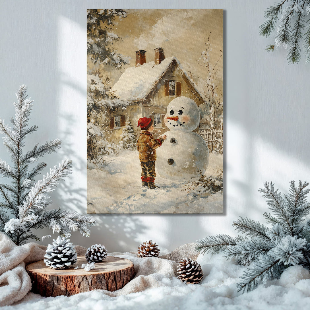 Framed Wall Art: Winter scene with child building a snowman, warm neutral tones. Perfect holiday decor for cozy interiors.