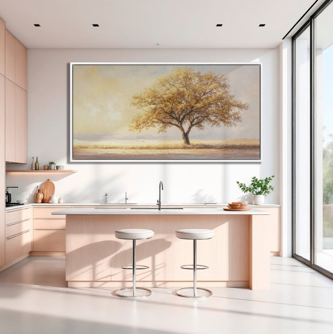 Framed Wall Art of a golden tree in a neutral-toned landscape, perfect for modern kitchens. Warm, inviting color palette. Elevate your space!