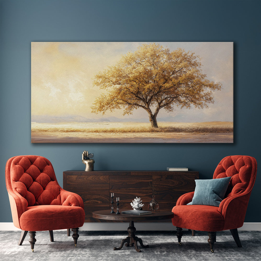 Framed Wall Art: Golden tree landscape canvas print in a neutral interior. Warm, inviting color palette. Elevate your home decor with this stunning artwork.