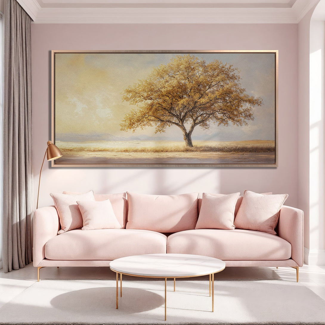 Framed Wall Art: Elegant tree landscape in warm gold and beige tones. Adds a touch of nature and sophistication to any space. Perfect for living rooms.