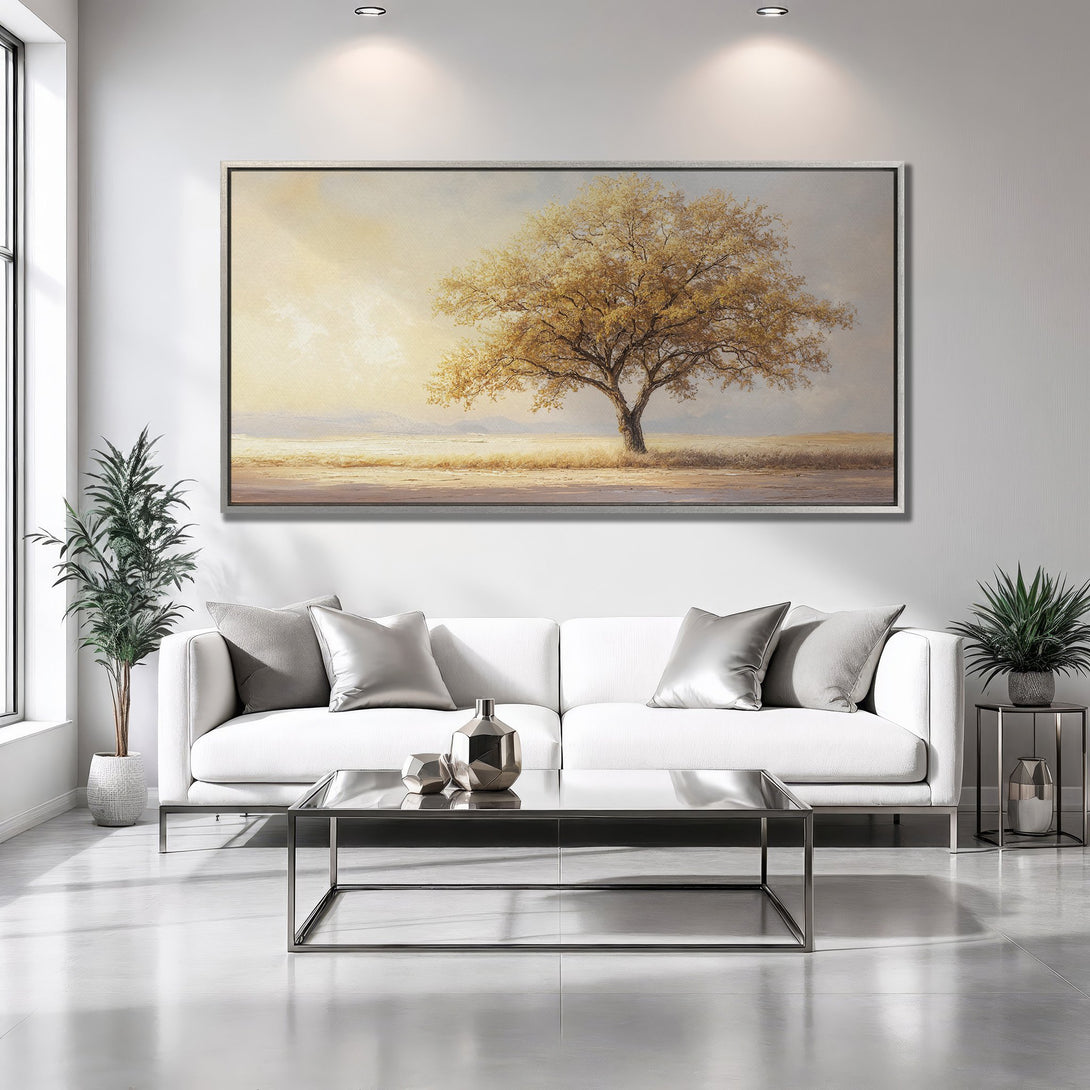 Framed Wall Art: Golden tree landscape canvas print. Warm, neutral color palette complements modern interior design. Elevate your space with nature-inspired art.