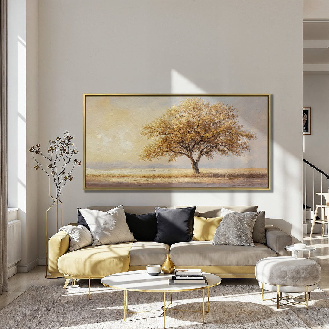 Canvas Print of a golden tree landscape, warm color palette, perfect for living room decor.