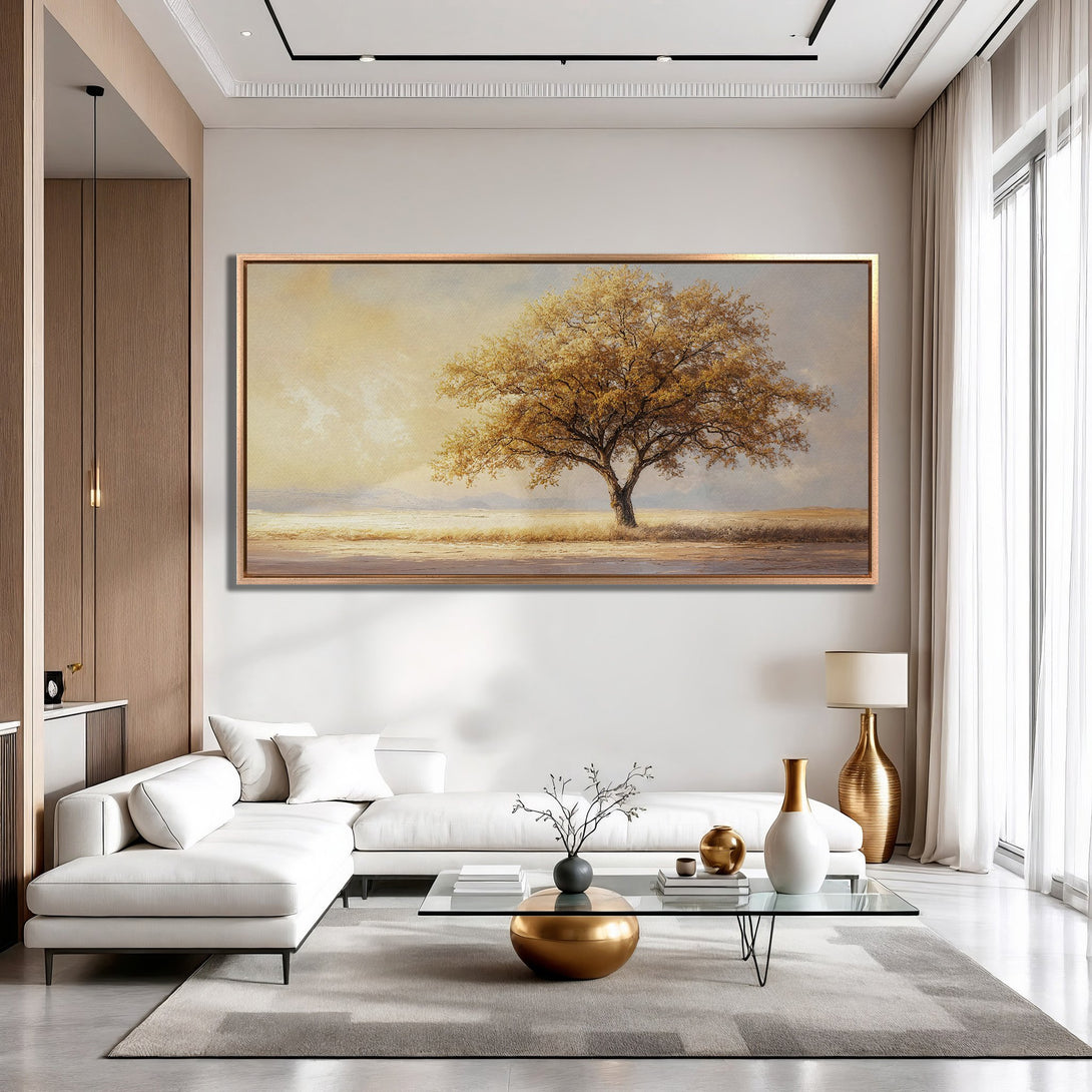 Framed Wall Art: Golden tree landscape canvas print. Warm, neutral color palette. Perfect for living room decor. Enhance your space today!