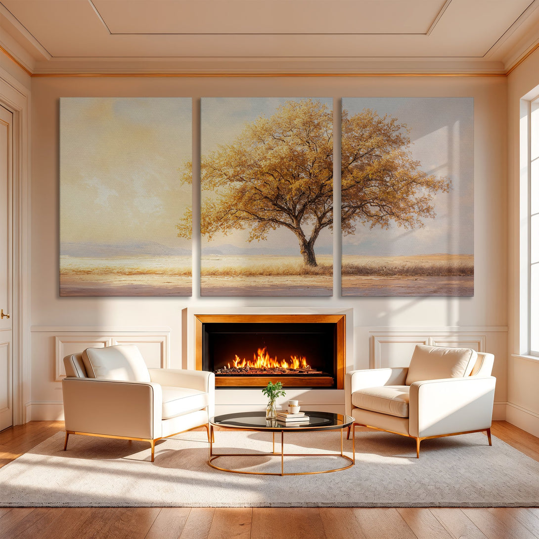 Canvas Print of a serene tree landscape in warm gold and beige tones, perfect for adding elegance to any room.