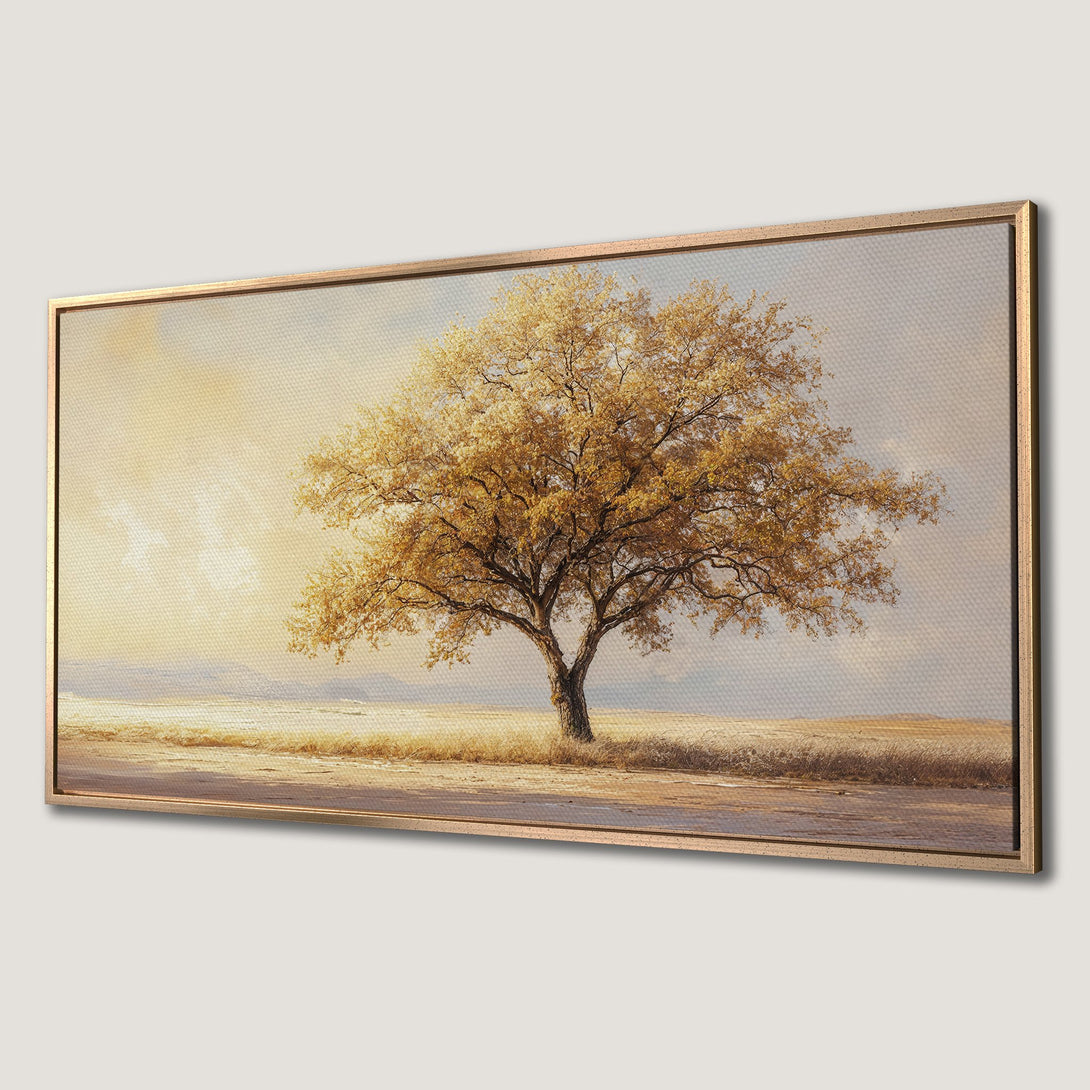 Framed Wall Art: Majestic tree landscape in warm gold and beige tones. Add a touch of nature's beauty to your home with this stunning canvas print.