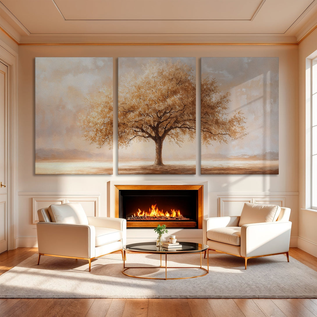 Canvas Print of a serene tree landscape in warm neutral tones. Adds a touch of elegance to any living room. Shop now for art that inspires!