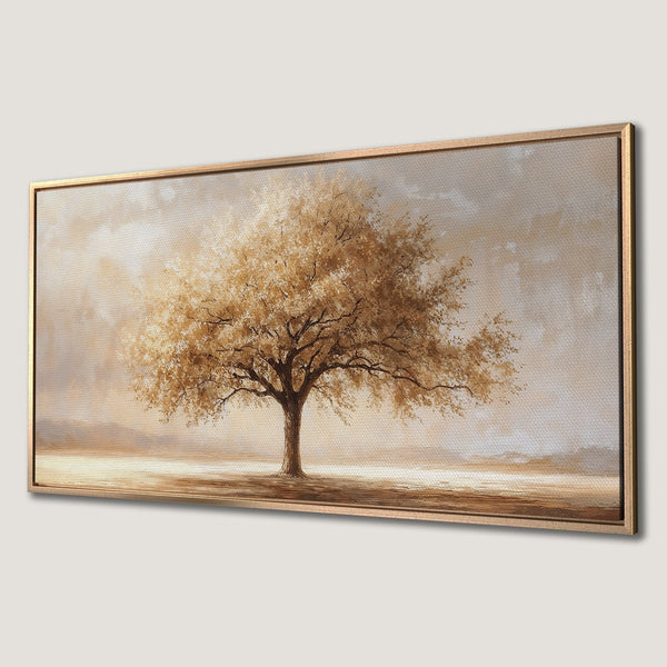 Framed Wall Art: Serene tree painting in warm gold and brown tones. Perfect for adding a touch of nature and elegance to your home decor.