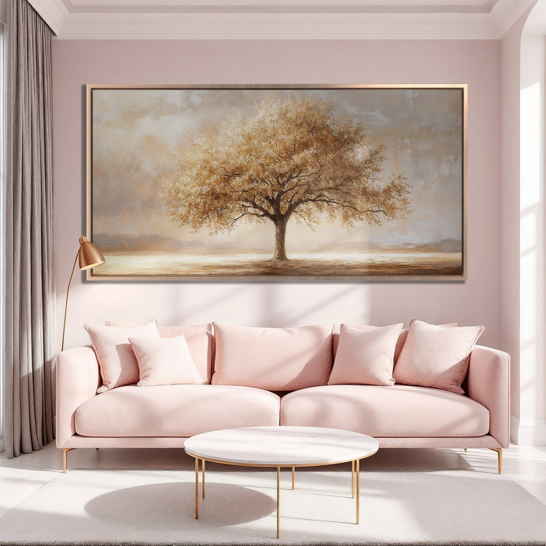 Framed Wall Art: Elegant tree landscape in warm gold and beige tones. Perfect for adding a touch of nature and sophistication to your living room.