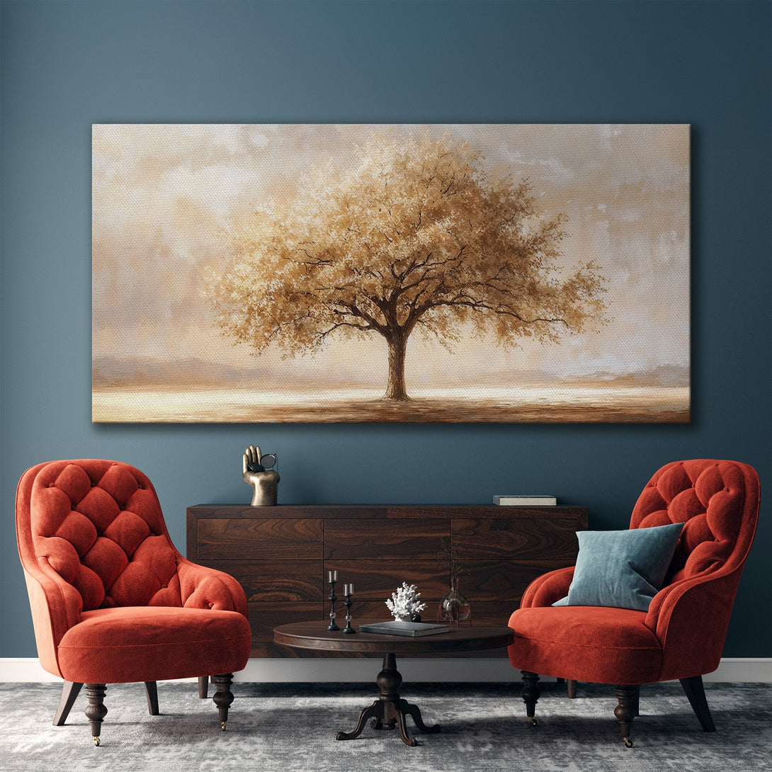 Framed Wall Art: Stunning tree painting in warm neutral tones. Perfect for adding a touch of nature and elegance to your living room decor. Shop now!