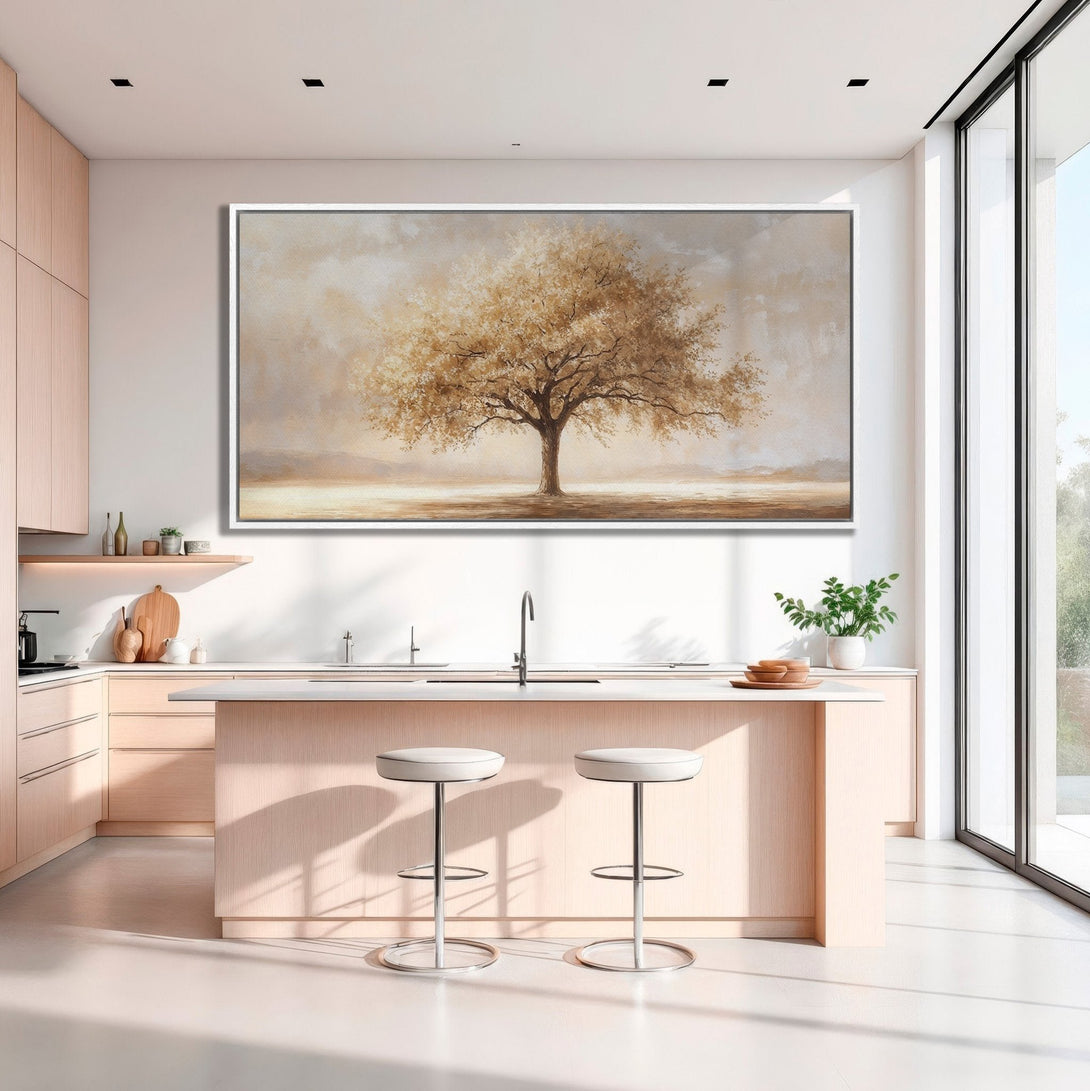 Framed Wall Art: Serene tree landscape in warm neutral tones. Perfect for adding a touch of nature and tranquility to your kitchen or living space.