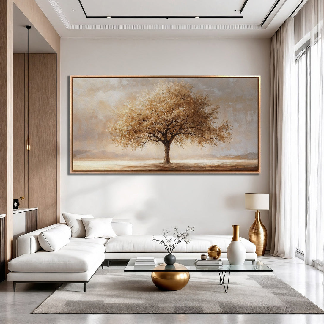 Framed Wall Art: Stunning tree landscape canvas print in warm gold and neutral tones, perfect for modern living room decor.