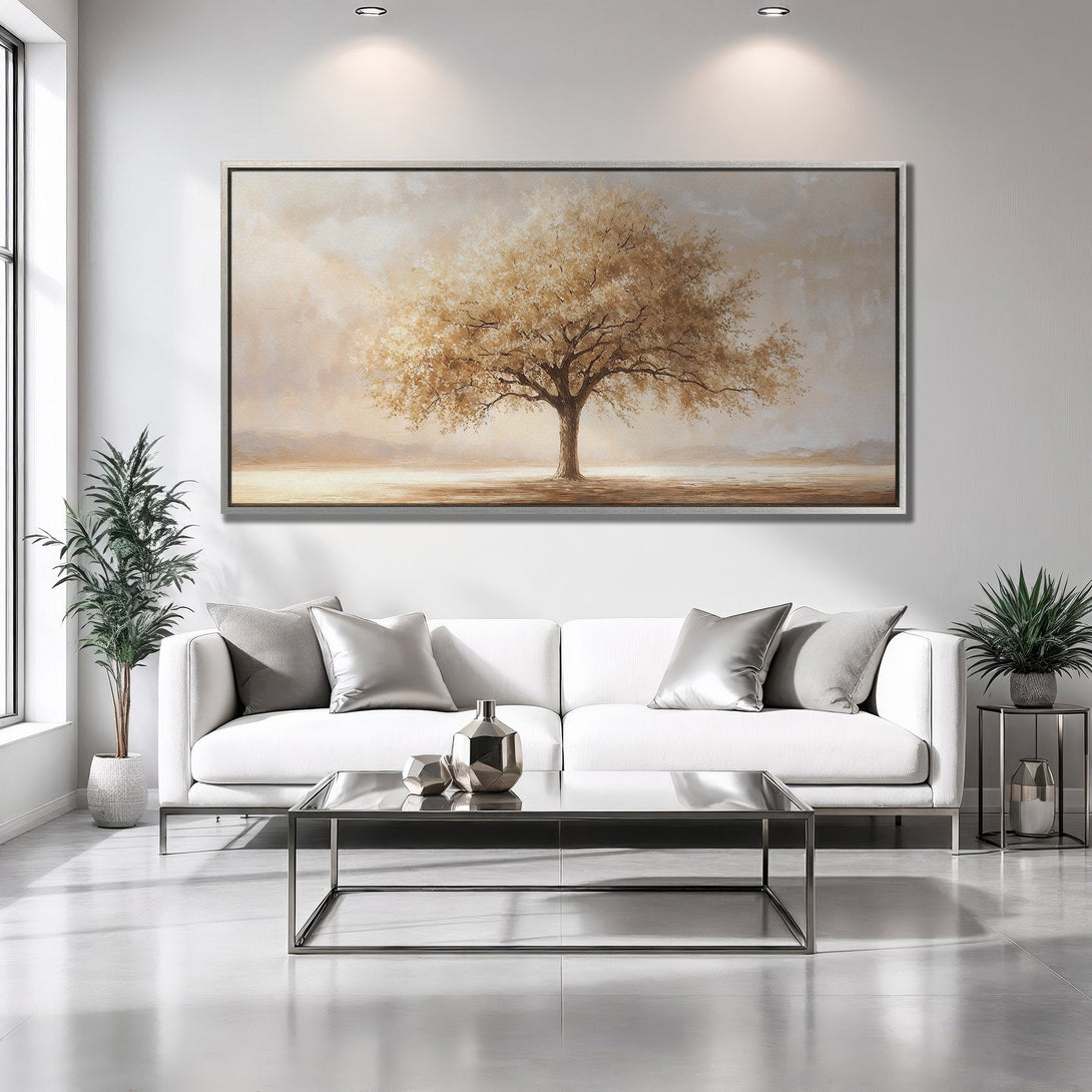 Framed Wall Art: Elegant tree painting in neutral tones. Modern decor with a warm, inviting palette. Perfect for living rooms & bedrooms.