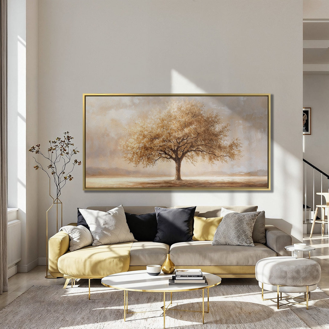 Canvas Print of a golden tree landscape painting. Warm neutral color palette, perfect for adding a touch of nature to your home decor.