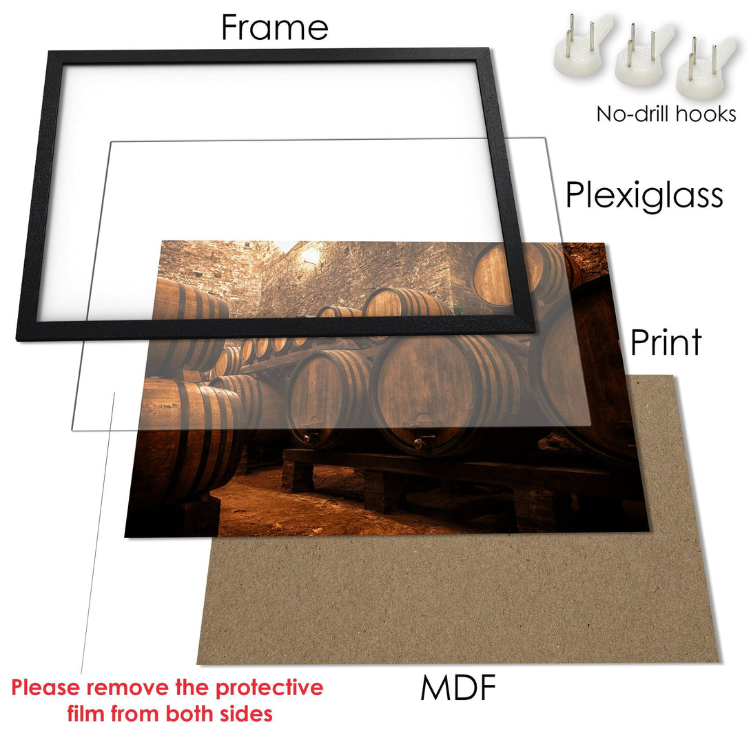 Framed Poster showcasing a rustic wine barrel scene. Warm, earthy tones create a cozy, inviting atmosphere. Perfect wall art!