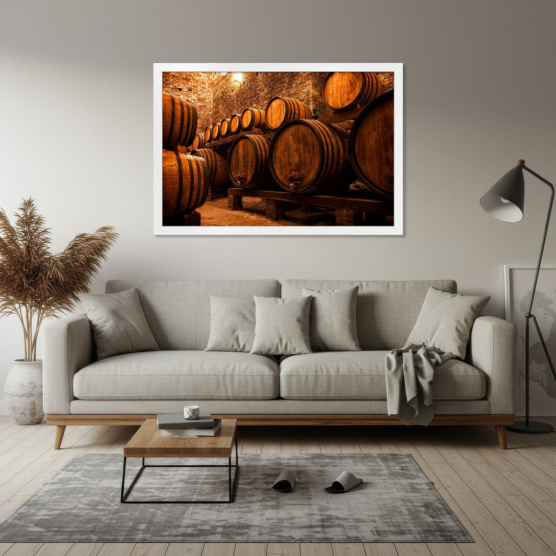 Framed Poster featuring a wine cellar scene with wooden barrels. Warm, rustic tones create a cozy ambiance. Perfect for home decor!