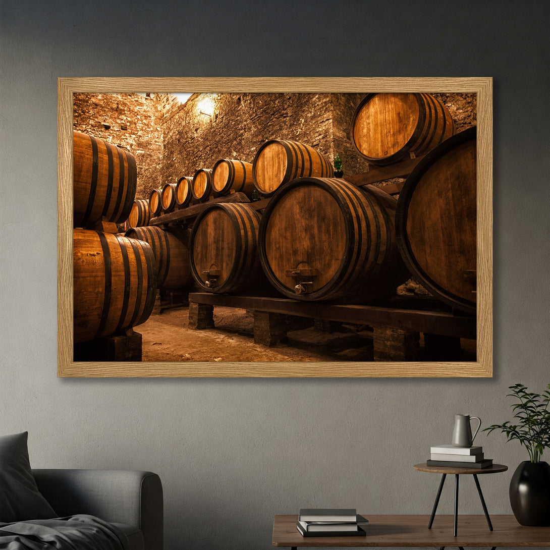 Framed Poster of wine barrels in a cellar, rustic style, warm brown and tan tones. Perfect wall art for your home!