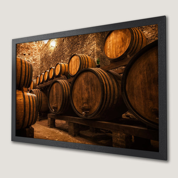Framed Poster featuring a wine cellar with wooden barrels, warm tones, and rustic style. Perfect wall art for your home!