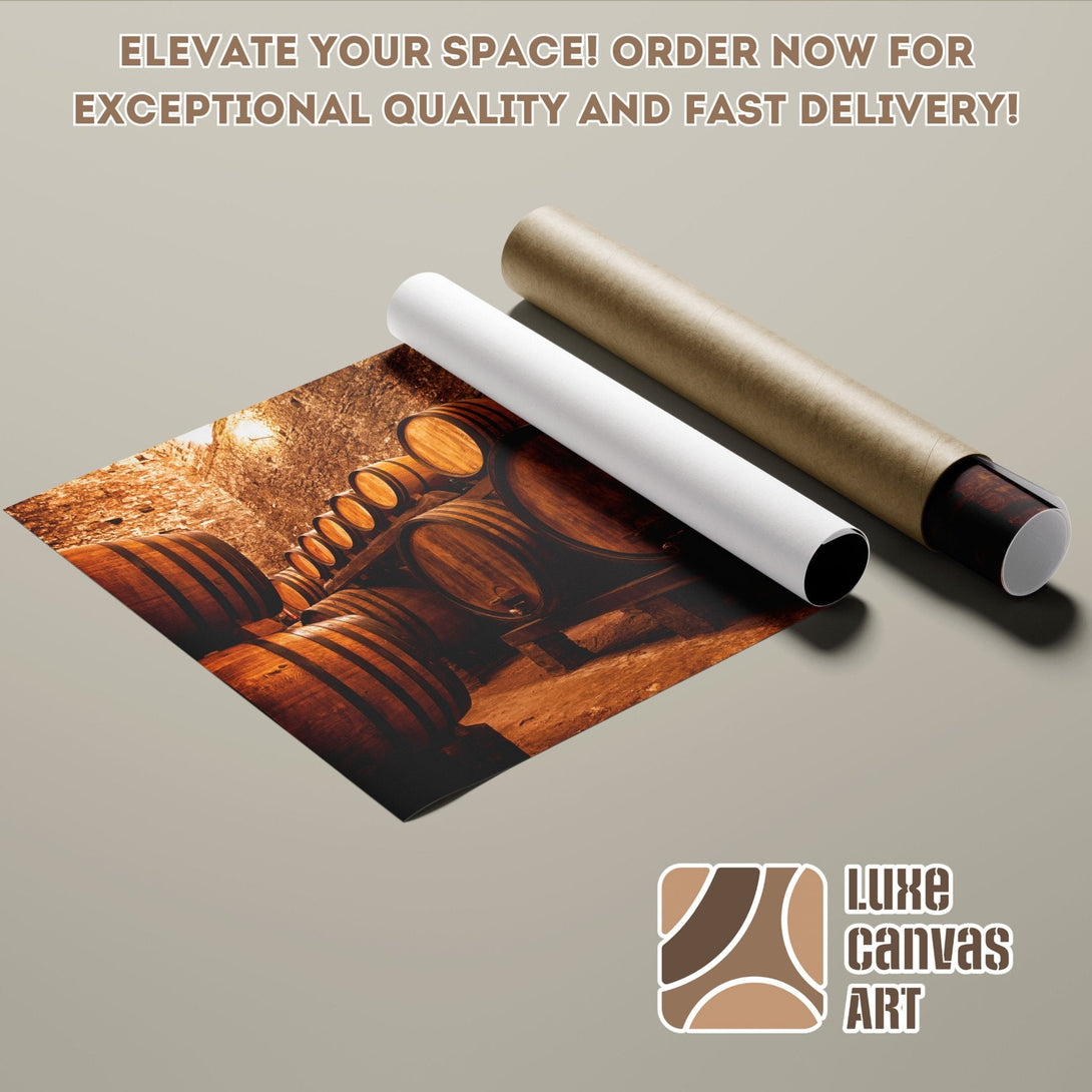 Poster Roll featuring wine barrels, warm tones, and rustic style. Order now!