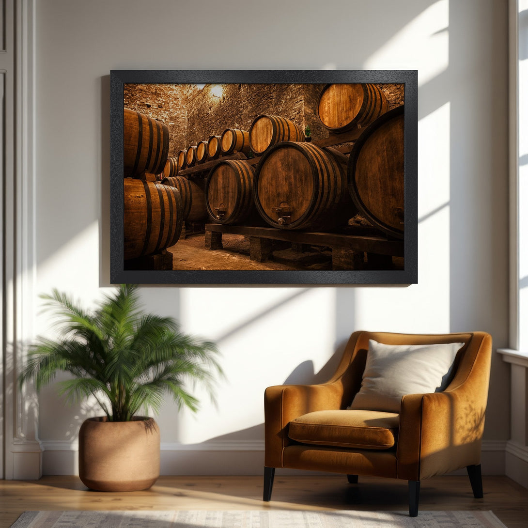 Framed Poster featuring a wine cellar with wooden barrels. Warm, rustic tones create a cozy atmosphere. Perfect wall art for your home!