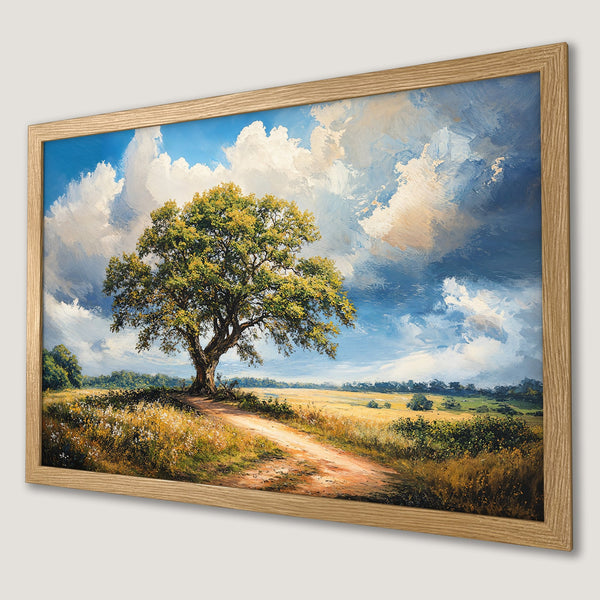 Framed Poster of a vibrant landscape painting with a large tree, impressionistic style, and a warm, earthy color palette.