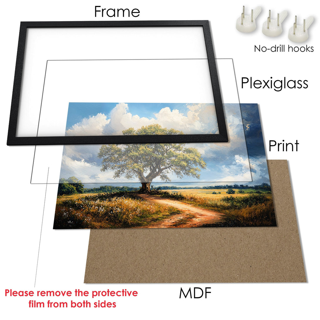 Framed Poster of a scenic landscape with a large tree, in a warm, earthy color palette. Perfect wall art!