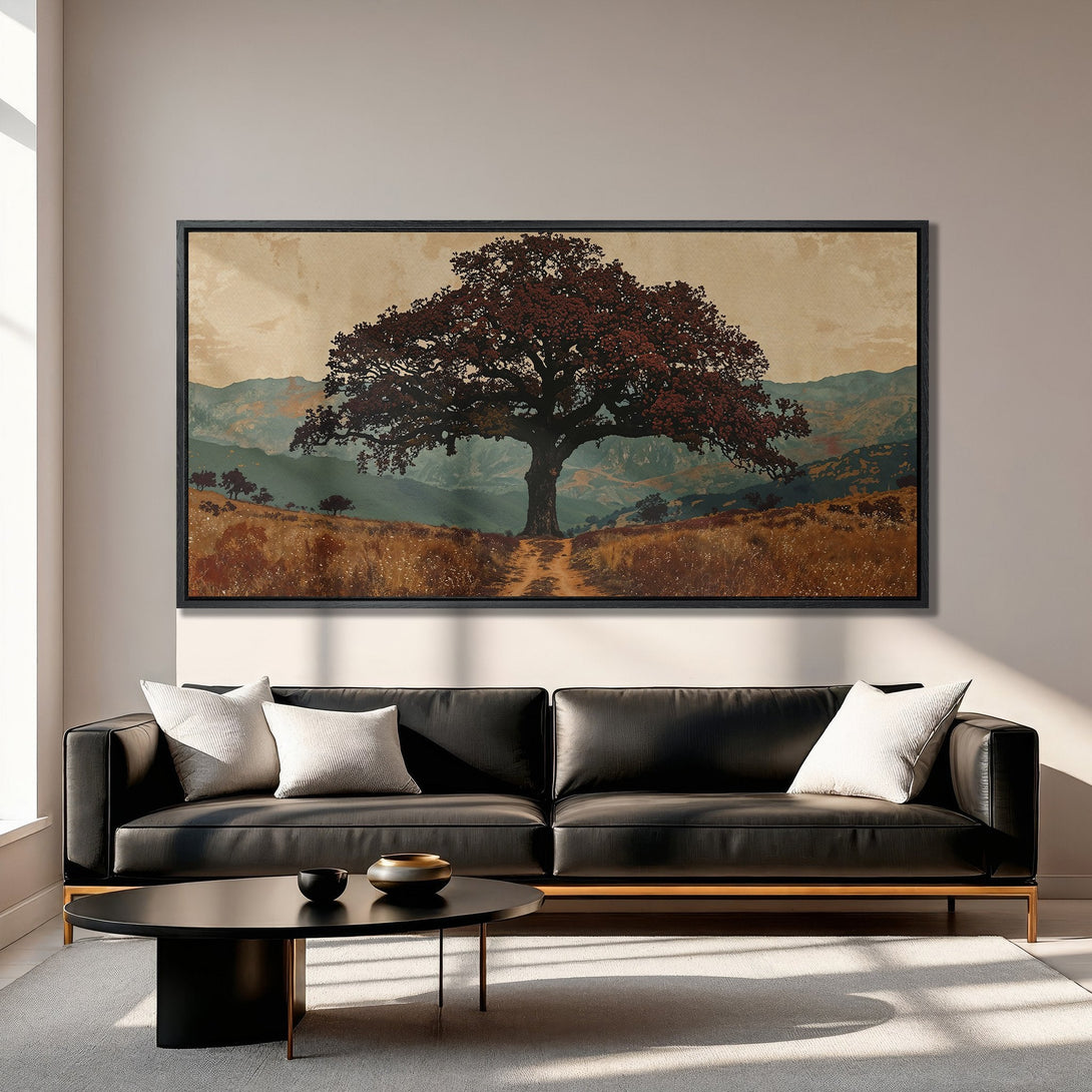 Framed Wall Art featuring a majestic tree landscape in warm earth tones. Enhance your living room with this stunning, rustic Canvas Print.