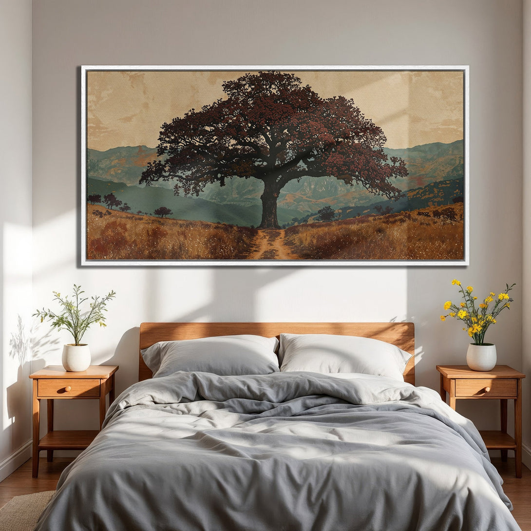 Framed Wall Art: Majestic tree landscape in warm earth tones. Rustic style Canvas Print adds a touch of nature to your bedroom decor.