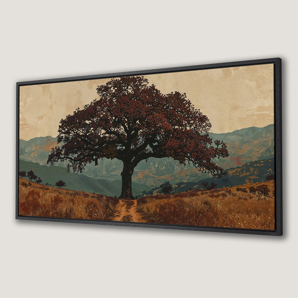 Framed Wall Art featuring a majestic tree in a landscape. Earthy tones of brown, green, and beige create a serene, vintage-inspired aesthetic.