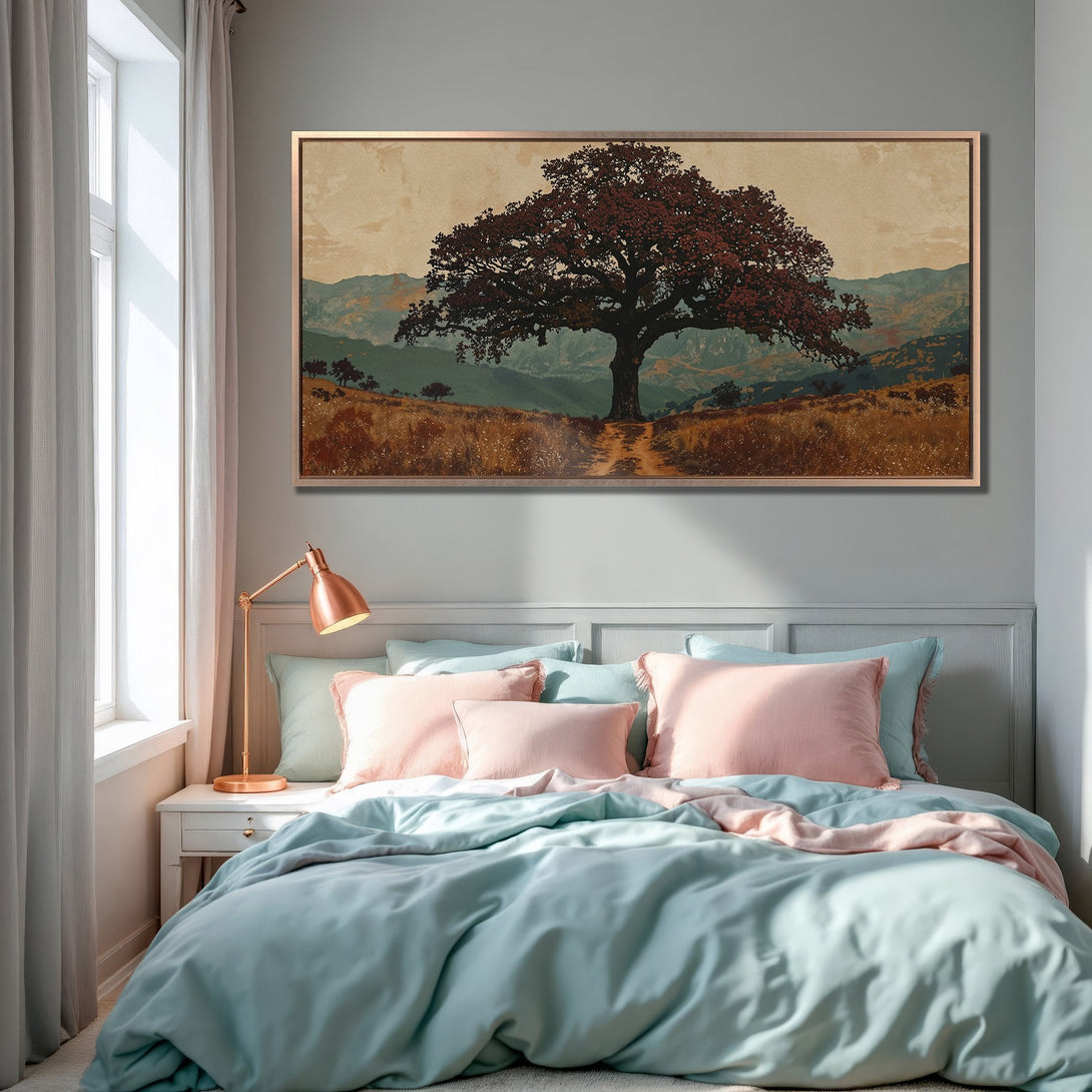 Framed Wall Art featuring a serene landscape with a tree. Earthy tones of brown, green, and beige create a calming aesthetic. Perfect for bedroom decor.