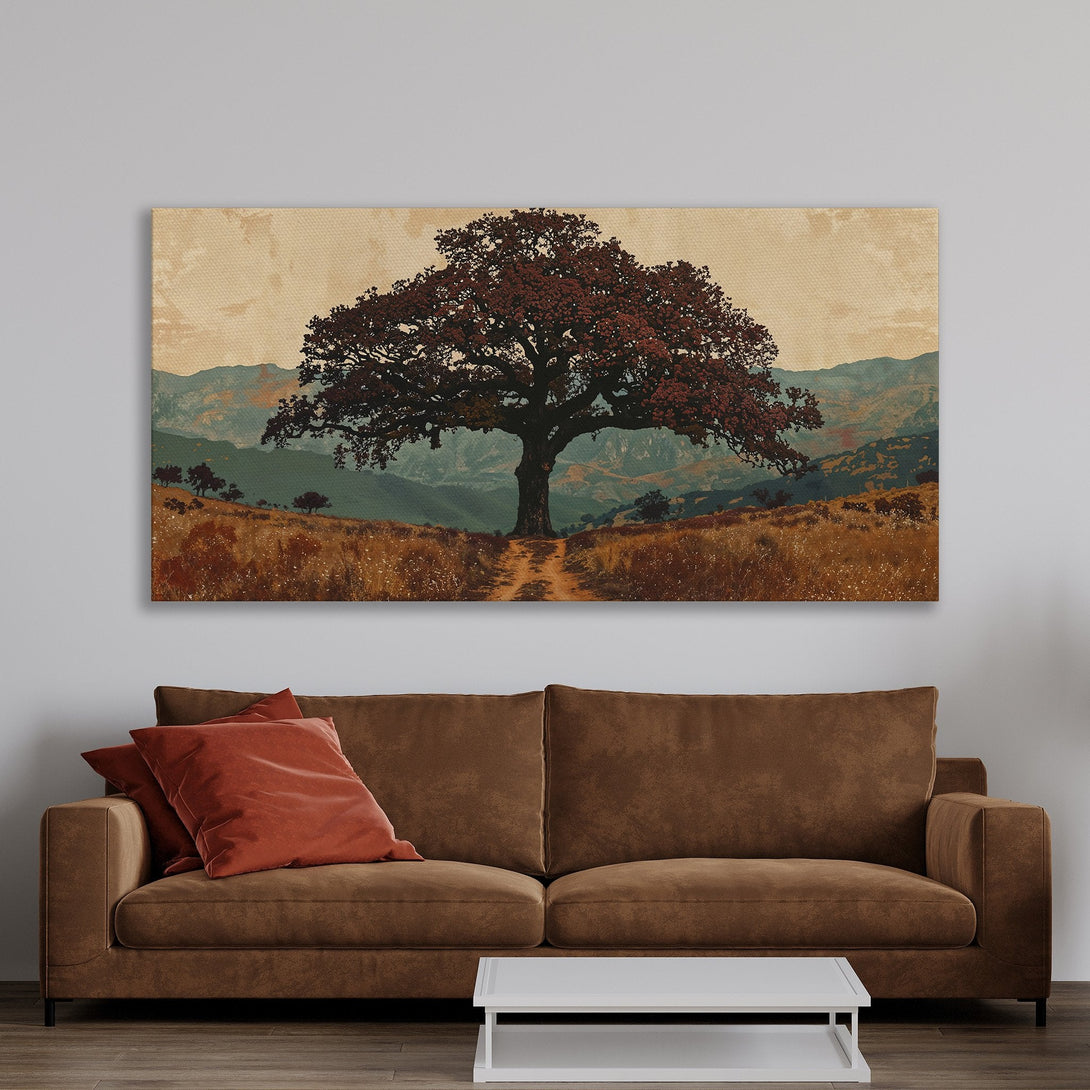 Framed Wall Art featuring a majestic tree landscape in warm earth tones. Rustic style canvas print perfect for adding a touch of nature to your home decor.