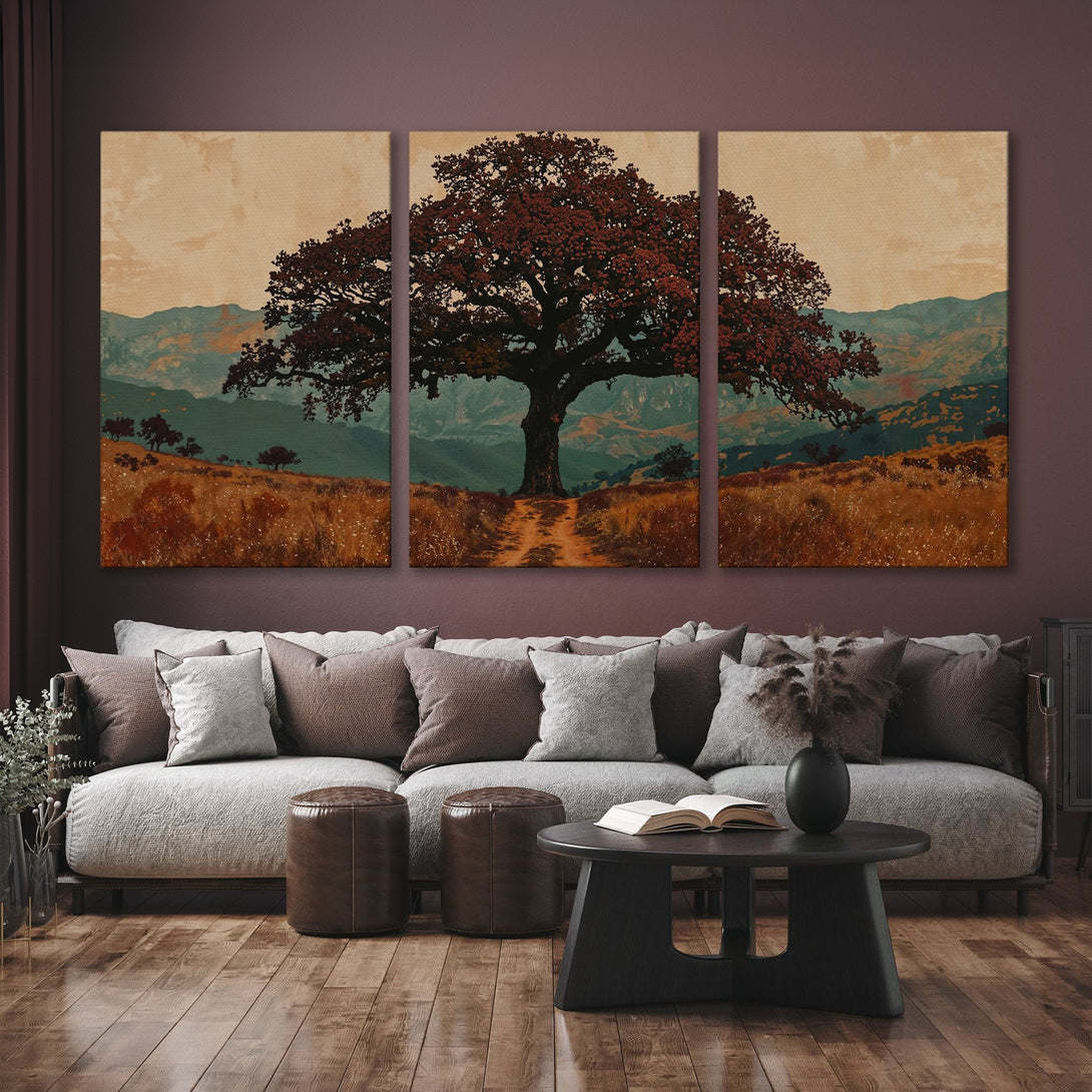 Canvas Print of a majestic tree in a warm, earthy color palette. Rustic landscape art perfect for living room decor.