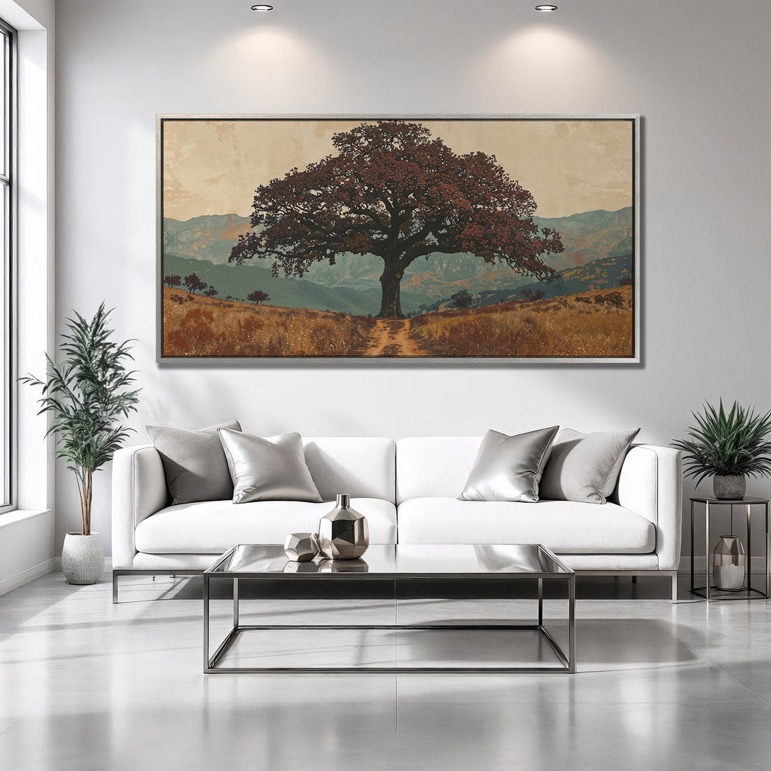 Framed Wall Art: Serene landscape Canvas Print featuring a majestic tree in warm earthy tones, ideal for modern home decor.