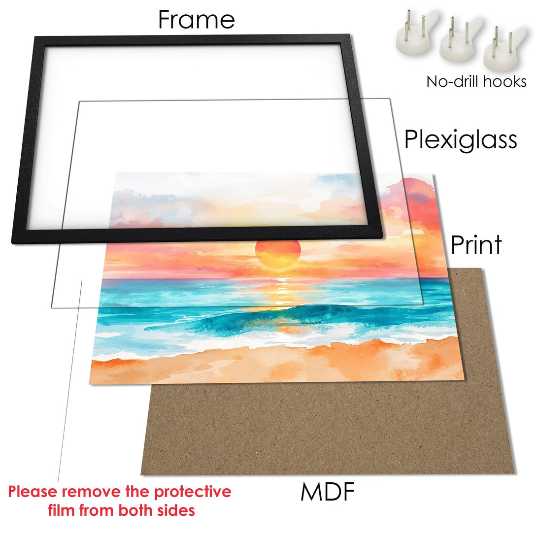 Framed Poster featuring a watercolor sunset over the ocean, vibrant orange, blue, and yellow hues, perfect wall art.