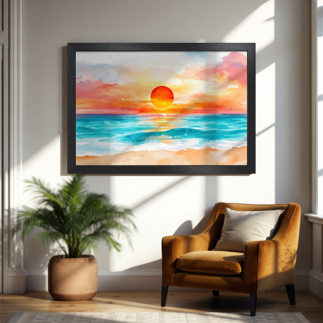 Framed Poster of a watercolor sunset over the ocean. Vibrant orange, blue, and pink hues. Perfect wall art for a relaxing vibe.