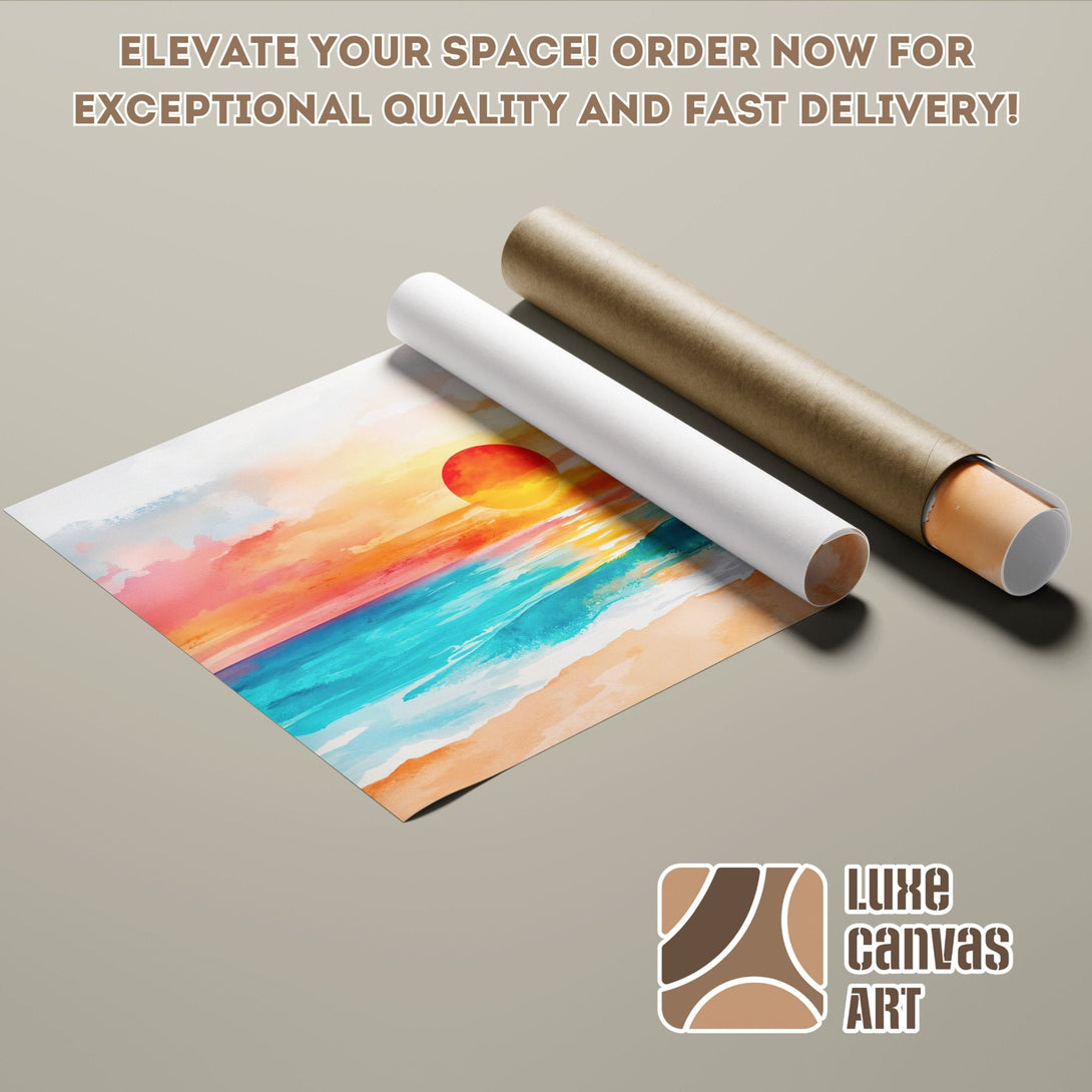 Watercolor beach scene Poster Roll, vibrant sunset colors, ready to elevate your space!