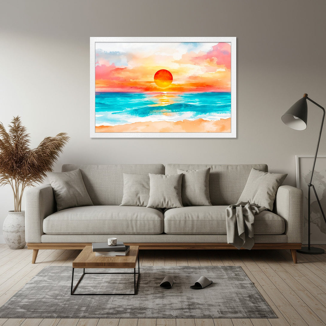 Framed Poster of a watercolor sunset over the ocean. Vibrant colors of orange, pink, and turquoise. Perfect coastal wall art for your home.