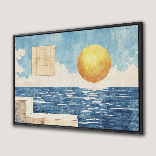 Framed Wall Art: Abstract landscape Canvas Print with a geometric sun, sea, and sky in a calming blue, yellow, and beige color palette. Perfect for modern decor.