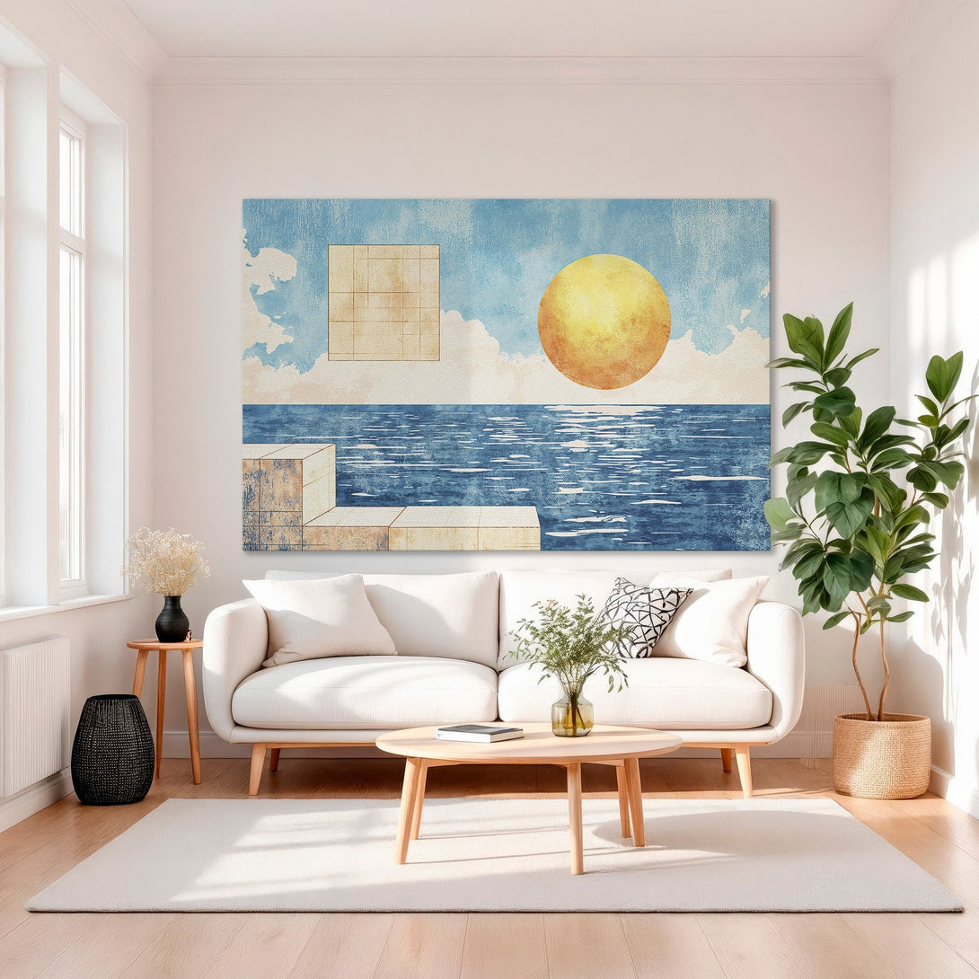 Framed Wall Art featuring a modern abstract landscape with blue, orange, and beige hues. Perfect for adding a touch of art to your living room.