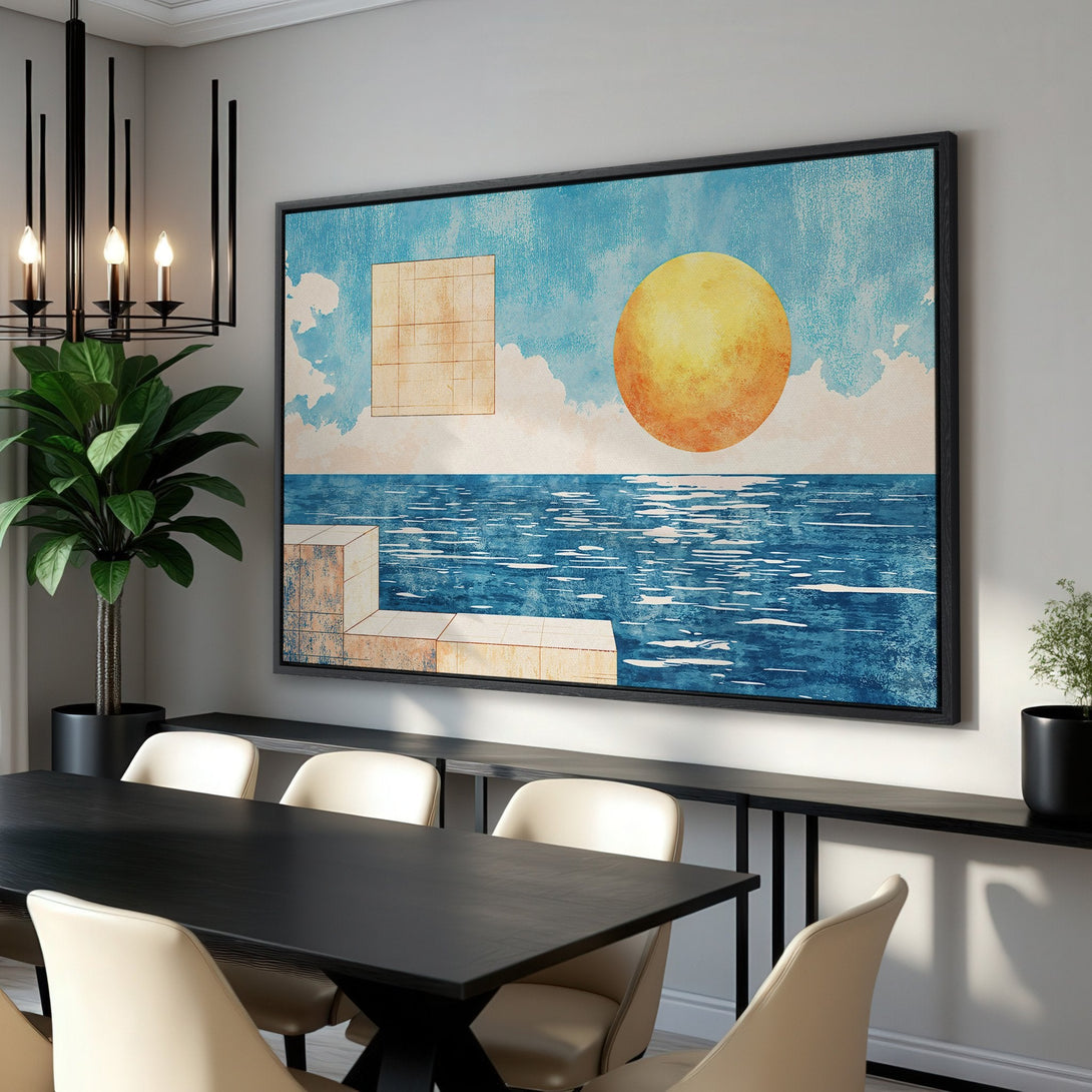 Framed Wall Art featuring an abstract landscape with a sun, sea, and sky in a modern style. Blue, yellow, and beige color palette. Perfect for any room!